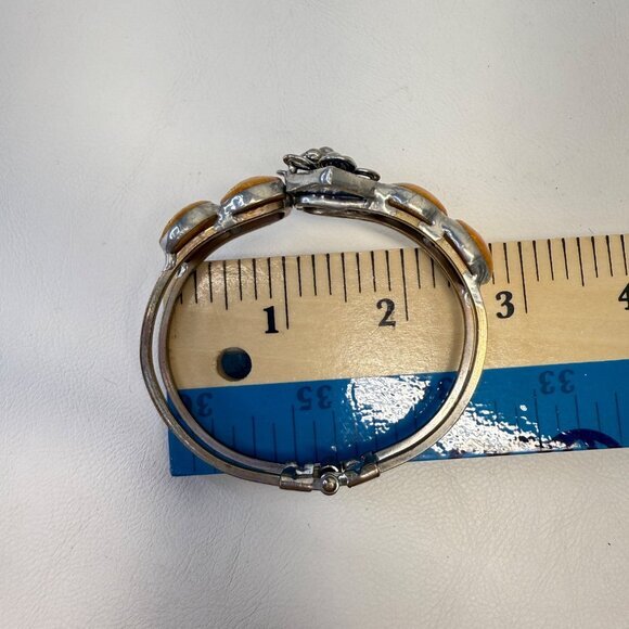 Handmade Vintage Hinged Bangle Bracelet Silver-Tone Boho Tan Blue Floral - Picture 3 of 10